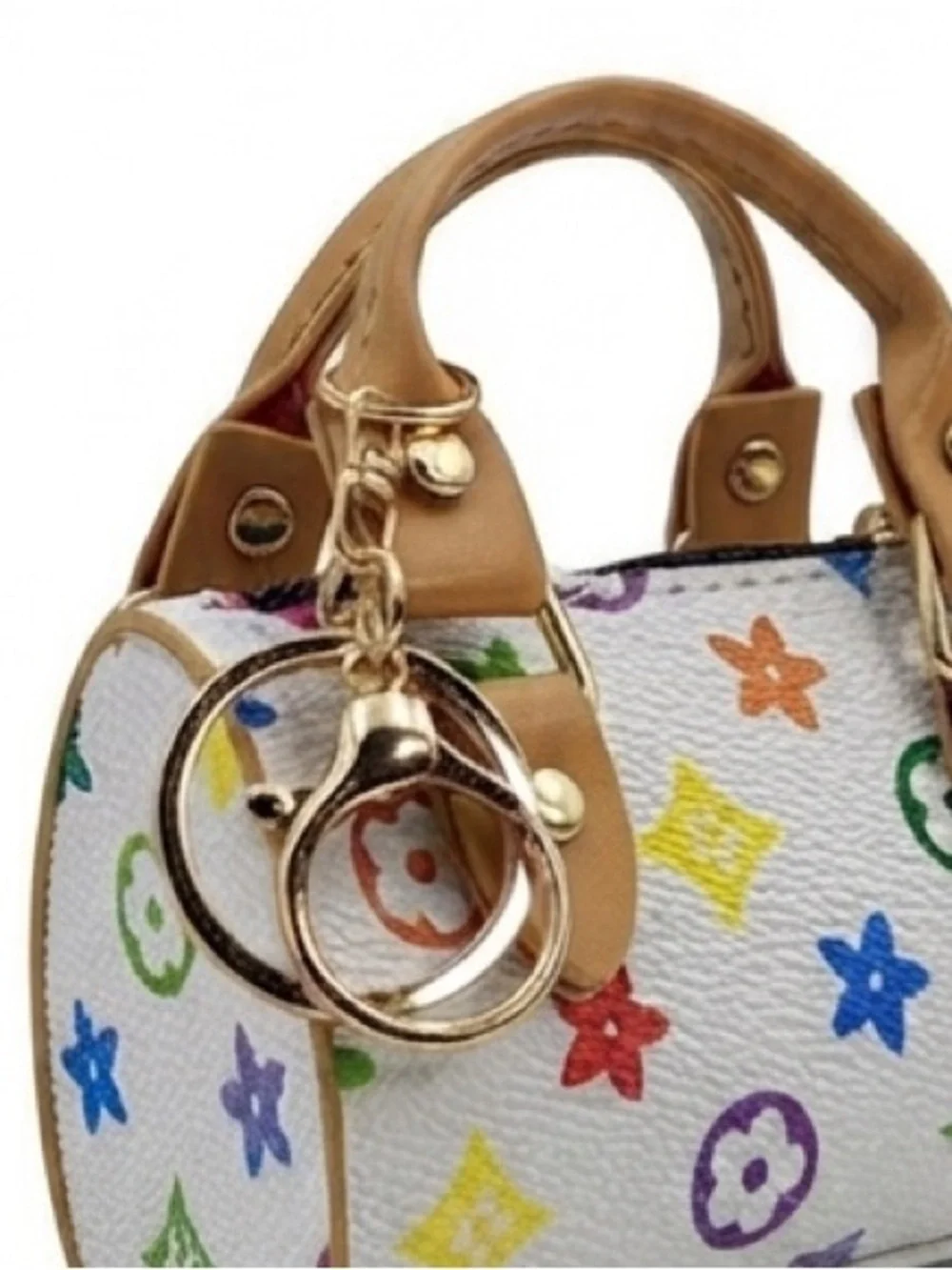 White Multicolor Mini Satchel Keychain Bag